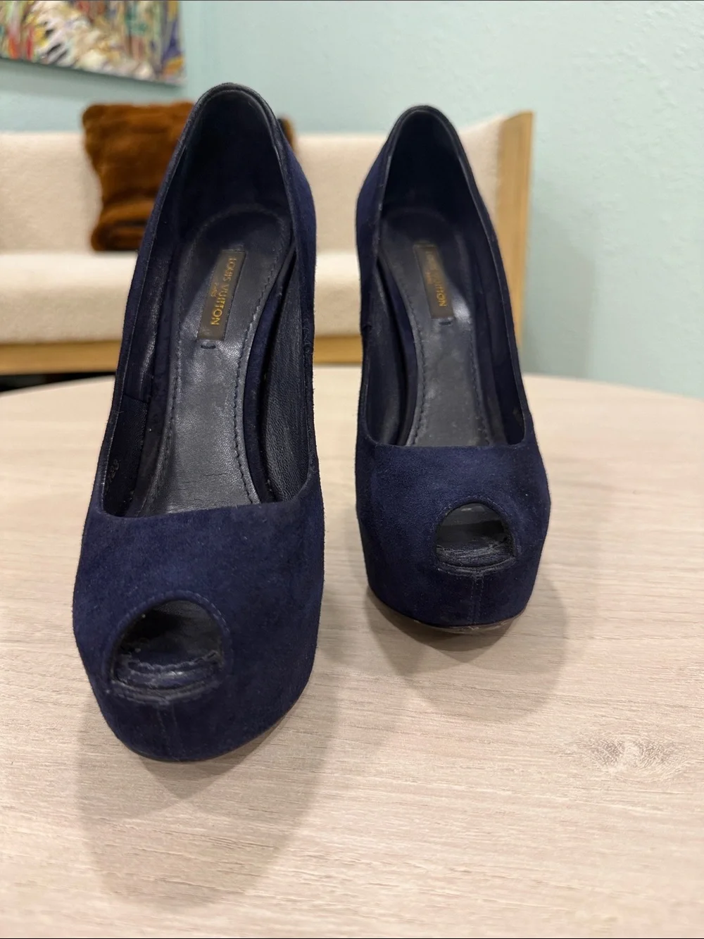 Louis Vuitton Navy Suede Pumps with Gold Lock & Stiletto Heels
